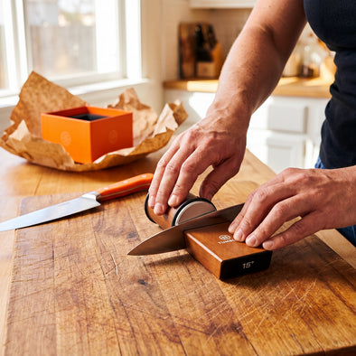 Hands sharpen a knife on a wooden countertop with an orange Tumbler Gift Bundle box in the background.